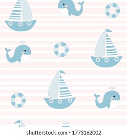 Cute background with cartoon blue whales. Baby shower design. Seamless pattern can be used for wallpapers, pattern fills, surface textures