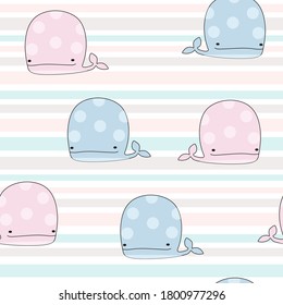 Cute background with cartoon blue whales. Baby shower design. Seamless pattern can be used for wallpapers, pattern fills, surface textures