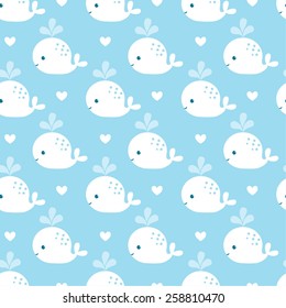 Cute background with cartoon blue whales. Baby shower design. Seamless pattern can be used for wallpapers, pattern fills, surface textures.