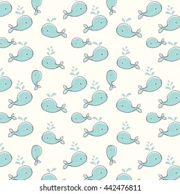 Cute background with cartoon blue whales. Baby shower design. Seamless pattern can be used for wallpapers, pattern fills, surface textures.