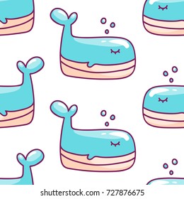 Cute background with cartoon blue whales. Baby shower design. Seamless pattern can be used for wallpapers, pattern fills, surface textures, wrapping paper design.