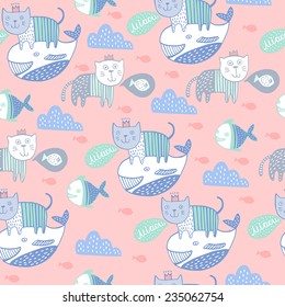 Cute background with cartoon cats and  Whale 