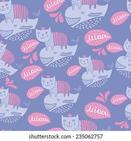 Cute background with cartoon cats and  Whale 