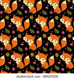 Cute background with cartoon fox and flowers. Childish vector background. 