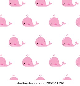 Cute background with cartoon pink whales. Kawaii animal pattern