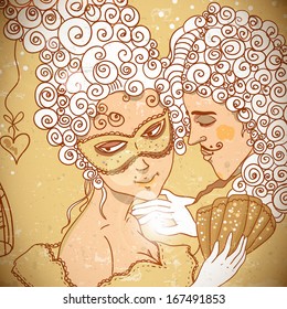 Cute background in cartoon style a pair of lovers Greeting card 