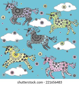 Cute background with cartoon unicorns in the clouds