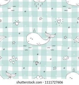 Cute background with cartoon whales. Baby shower design.