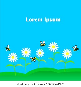 Cute background cartoons yellow and black bees, white chamomile, on blue, Lorem ipsum stock vector illustration for design