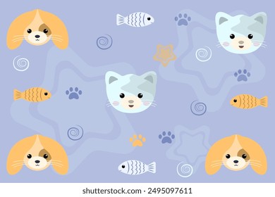 cute background of cat, dog and fish heads