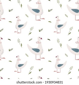 Fondo cuidado con carácter infantil y decoración.
Delicado patrón sin fisuras de: hojas, trigo y aves de corral.  decoración de fondo.

