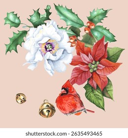 Cute background with Christmas holly, Poinsettia flower, piony fir branches for wallpaper, gift paper, patterns, textiles, greeting cards. Vector illustration in watercolor style.