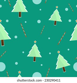 cute background of Christmas trees and candy and balloons on a colored background