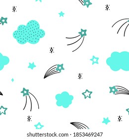 Cute background with clouds and shooting stars. Vector seamless pattern
