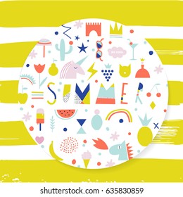 cute background with collection of summer symbols and illustration