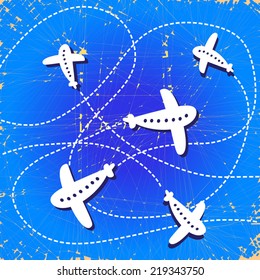 Cute background with colorful airplanes. Vector airplane illustration.Vintage old paper.Flat design. Retro. As wallpaper, design element.