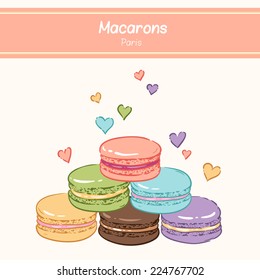 Cute background for confectionary. Pyramid of sweet color macaroons.