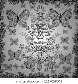 Cute background for design of fabric, paper, wrappers and wallpaper. White, black and gray. Seamless pattern with butterflies.