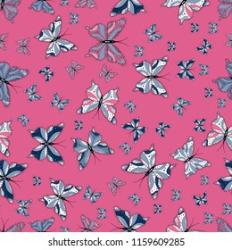 Cute background for design of fabric, paper, wrappers and wallpaper. Pink, blue and white. Seamless pattern with butterflies.