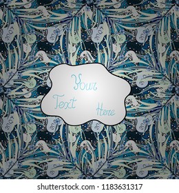 Cute background for design of fabric, paper, wrappers and wallpaper. Seamless. Isolated on neutral, blue and white background. Vector illustration. Doodle for kids. Hand-drawn letters.