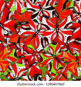 Cute background for design of fabric, paper, wrappers and wallpaper. Vector illustration. Seamless pattern with butterfly on black, white and red background.