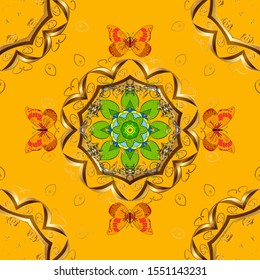 Cute background for design of fabric, paper, wrappers and wallpaper. Yellow, green and brown. Seamless pattern with butterflies.