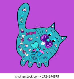 Cute background for design of fabric, paper, wrappers and wallpaper. Vector. Sketch nice cats colorful. Village pattern for textile and fabric. Illustration at blue, violet and black colours.