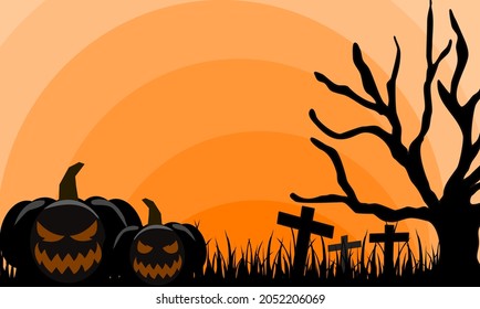 Cute background design for Halloween. Halloween background with night landscape with , trees, and smiling pumpkins, place for your text