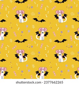 Cute background with dog in a bat costume. Halloween seamless pattern. Pet pawty. Flat style vector illustration.
