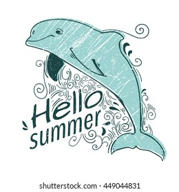 Cute background with a dolphin. Summer illustration. Hello summer. Sea style.