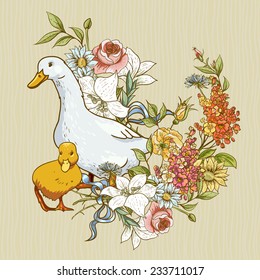 Cute background with ducks and flowers, Vector illustration