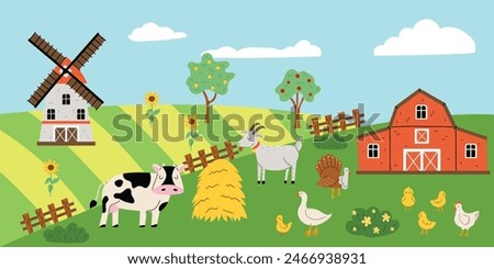 Cute background with farm animals. Vector illustration of farmland, cow, goat, mill, sunflower,chickens. Template for banner, print, flyer. Children's illustration in cartoon style.