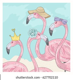 Cute background with flamingos. Summer vector background with birds. 