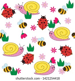 Cute background. Flat style  illustration of bugs. Seamless pattern for textile