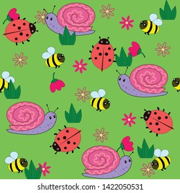 Cute background. Flat style  illustration of bugs. Seamless pattern for textile