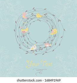 Cute background with floral frame and funny birds in cartoon style.