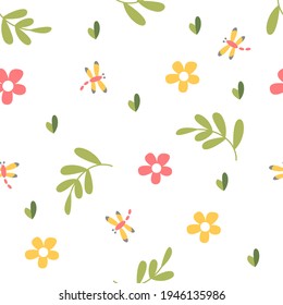 Fondo lindo con flores, hojas y libélulas. Perfecto para fondos de pantalla, papel, tarjetas de felicitación, invitaciones. Patrón veloz. 