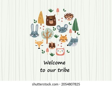 Cute background with forest animals, birds and trees in cartoon style