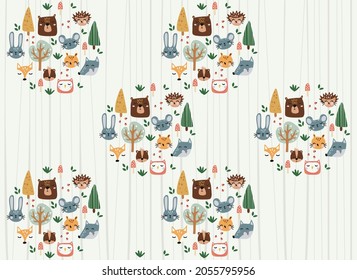 Cute background with forest animals, birds and trees in cartoon style