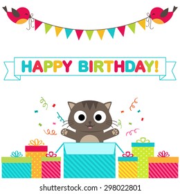 Cute background with funny birds and cat. Vector template for birthday card or invitation