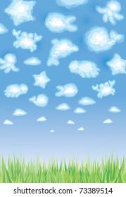 Cute background, funny toy clouds, sealife.