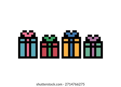 Netter Hintergrund mit Geschenkbox geben mit 8-Bit-Pixel-Kunst-Cartoon. Feier, Box, Party, Geschenk, Überraschung, glücklich, Weihnachten, Geburtstag Hintergrund.