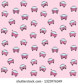 
Cute Background for girls. Vector Seamless Texture. Cartoon pink car with different emotions.