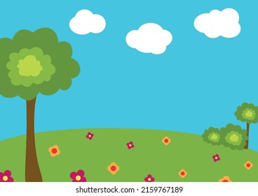 Cute background with green meadow, flowers and tree. Cartoon vector illustration. Horizontal background template for text, photos, posts