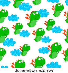 Cute background with greens dragons. Seamless pattern. Cartoon. Kids