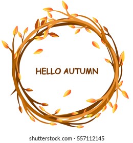 Cute background greeting card, HELLO AUTUMN in circle of twigs, set 4 season