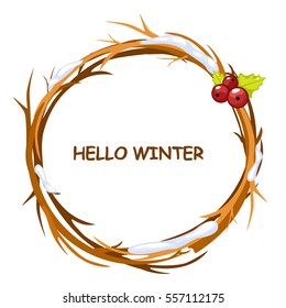 Cute background greeting card, HELLO WINTER in circle of twigs, set 4 season