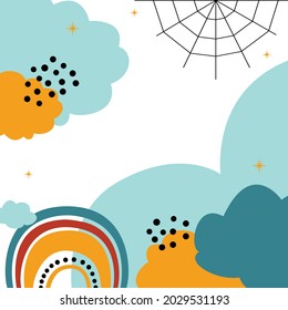 Cute background for halloween. Clouds sky, rainbow and cobweb. Simple flat vector elements for design