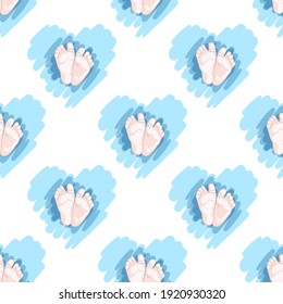 Fondo lindo con corazones azules dibujados a mano y pies de bebé para diseño de bebé. Colores pasteles, tonos rosas. Ilustración del vector