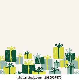 Cute background with hand drawn boxes with ribbons. Composition with gifts for any holiday. Birthday, new year, christmas, easter, wedding, anniversary, competition win, lottery. Illustration blank 